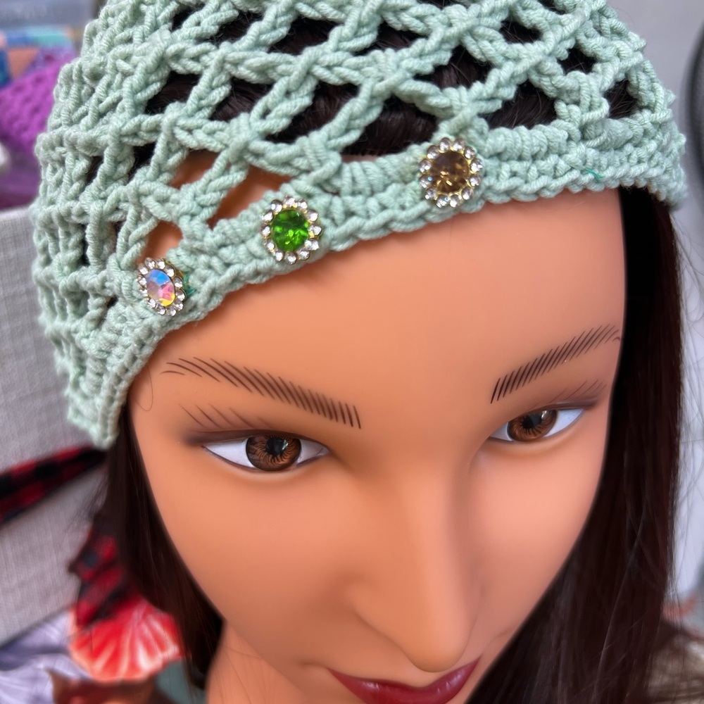Elegant Green Crochet beanie with Gem Accents